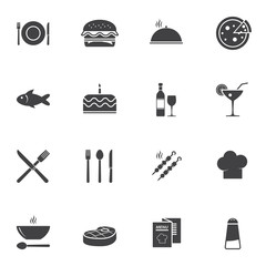 Restaurant menu vector icons set, modern solid symbol collection, filled style pictogram pack. Signs, logo illustration. Set includes icons as pizza, burger, seafood, meat steak, dessert, drinks, soup