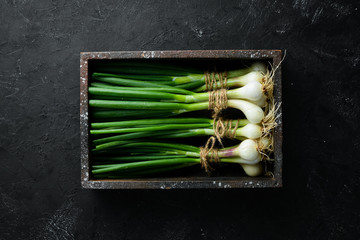 Fresh green onion on a black stone background. Fresh vegetables. Top view. Free space for text.