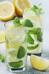 Lemon and mint refreshing cocktail with ice cubes