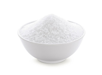 monosodium glutamate in wood bowl on white background