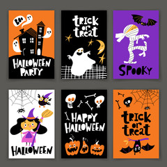 Set of vector Halloween posters in cartoon flat retro style