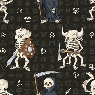 Halloween seamless pattern, background with cartoon hand drawn skeletons