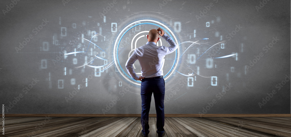 Poster businessman in front of a wall with security padlock wheel icon with stats and binary code 3d render