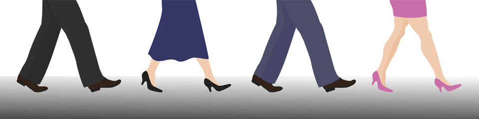 Men and women legs and feet. People go to somewhere. Vector illustration.