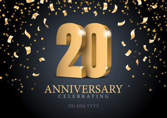 Anniversary 20. gold 3d numbers. Poster template for Celebrating 20th anniversary event party. Vector illustration