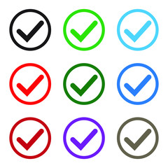Set of colored check mark icons. Tick symbol, tick icon vector illustration.