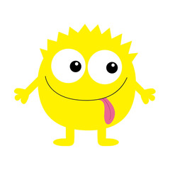 Monster yellow round silhouette. Two eyes, tongue, hands. Cute cartoon kawaii scary funny character. Baby collection.Happy Halloween. White background. Isolated. Flat design.