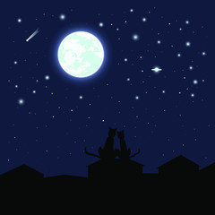 vector full moon. glowing halo. comets and planets. starry sky. roofs of houses. cat on the roof. can be used as a background, postcard, pattern on clothes, scrapbooking, book illustration