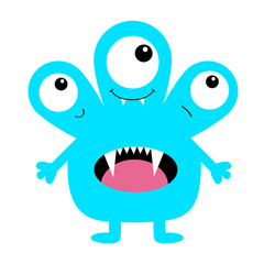 Monster blue silhouette. Three eyes, fang tooth tongue, hands. Cute cartoon kawaii scary funny character. Baby collection.Happy Halloween. White background. Isolated. Flat design.