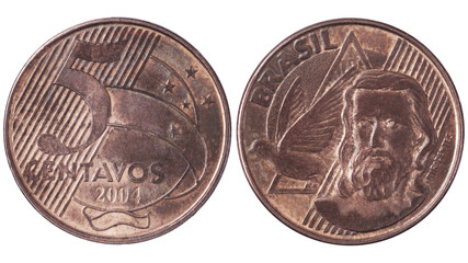 Used Brazilian 5 centavos, 2004. Modern bronze coin isolated on white.