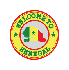 Vector stamp of welcome to Senegal with map outline of the nation in center.