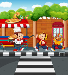 Animals selling pizza in park