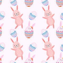 Cute rabbit with easter eggs seamless pattern.