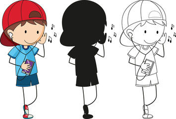 A set of characters in color, silhouette and outline