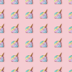 Photography collage unicorn toasts on pink background seamless pattern