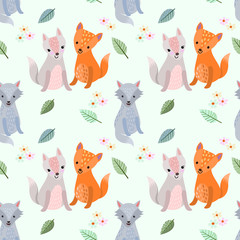 Cute cartoon wolf seamless pattern.