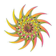 curved blades mandala rotating symbol magenta yellow shades on white