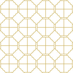 Linear oriental quatrefoil ornament. Seamless geometric vector pattern in gold color