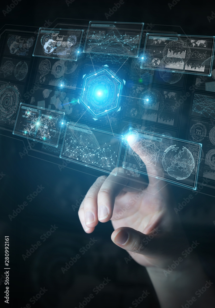 Poster businessman using digital technological interface with datas 3d rendering