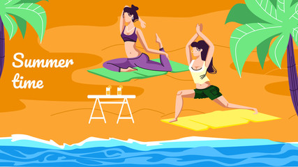Obraz na płótnie Canvas Flexible Women Doing Yoga Asana on Beach Outdoors