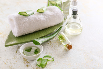 Spa composition with aloe vera on light background