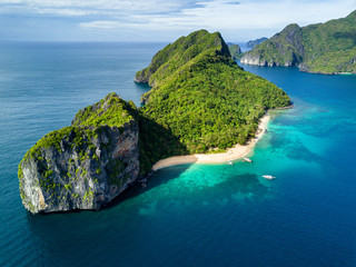 Scenic Panorama Aerial drone Picture of the Helicopter Island in El Nido, Palawan in the Philippines