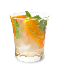 Glass of infused water on white background