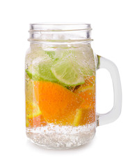 Mason jar of infused water on white background