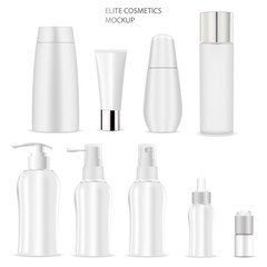 Cosmetic Bottle Mockup. Soap, Shampoo, Tube, Cream, Lotion White Product Blank. Realistic 3d Container With Pump Dispenser, Dropper for Body Care Cosmetics. Luxury Packaging Template Design