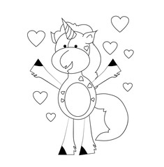 Coloring book for kids - unicorn with hearts. Black and white cute cartoon unicorns. Vector illustration.