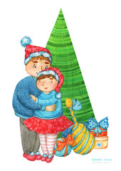 2020 New Year, Christmas watercolor illustration of a young merry couple in red snowflake patterned hats under the Christmas tree. Christmas presents. Isolated on white background