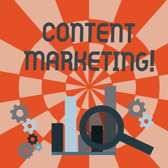 Text sign showing Content Marketing. Business photo text involves creation and sharing of online material Magnifying Glass Over Bar Column Chart beside Cog Wheel Gears for Analysis