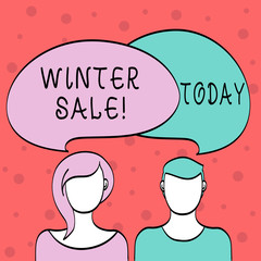 Word writing text Winter Sale. Business photo showcasing occasion when shop sells things at less than their normal price Blank Faces of Male and Female with Colorful Blank Speech Bubble Overlaying