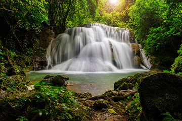 Beautiful waterfall in the national park forest at Huai Mae Khamin Waterfall, Kanchanaburi Thailand