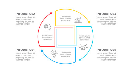 Thin line cycle infographic with arrows. Modern concept design template with 4 options, steps or parts. Flat vector illustration for business presentation