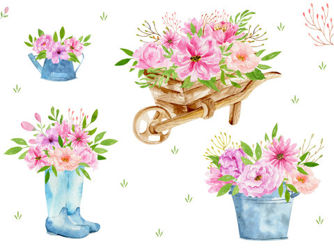 Set of Watercolor vintage gardening tools rusty tin watering can for watering flowers, wheelbarrow, galoshes, pail. Hand drawn isolated illustration on white background. Flower bouquets