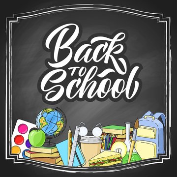 Back to school hand lettering on black chalkboard background with colorful sketch doodles. Education illustration.