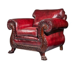 antique red leather arm chair carved legs isolated