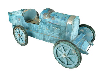 childs old toy pedal car blue isolated