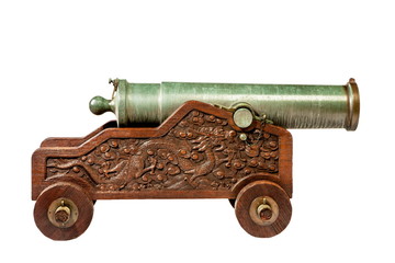 Brass green verdigris cannon green  carriage old vintage isolated on white