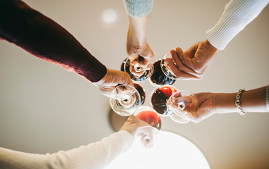 Group of young people cheering with wine glasses during celebrate birthday in restaurant