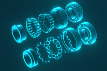 3D rendering. Automotive bearings auto spare parts. Ball bearing on a blue background. Wheel bearing for truck, heavy duty and car.
