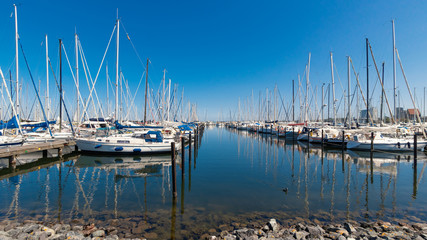 Harbor with many white sailing yachts in beautiful summer weather. Heiligenhafen, Germany