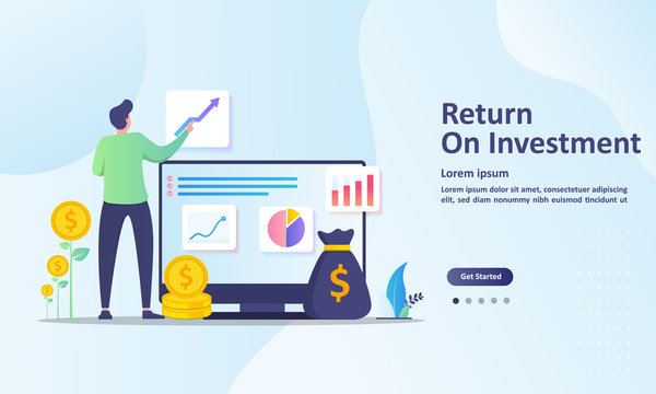 ROI Concept, Return On Investment, People Managing Financial Chart, Profit Income,  Suitable For Web Landing Page, Ui, Mobile App, Banner Template. Vector Illustration.