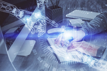 Double exposure of tech drawings with hands working on computer background. Concept of innovation.