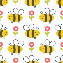 Obraz premium Cute honey seamless pattern. Bees and flowers kids background. Vector illustrstion.