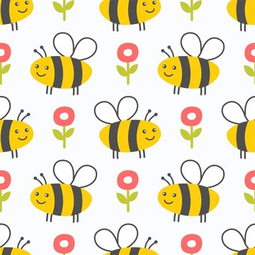 Cute honey seamless pattern. Bees and flowers kids background. Vector illustrstion.