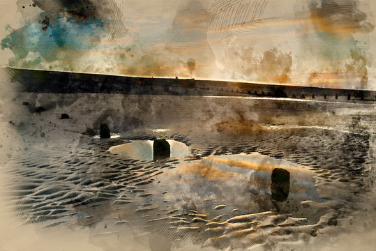 Digital watercolour painting of Vibrant sunrise landscape reflected in low tide water on beach