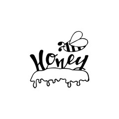 Honey splash dripping sweet drops from bee honeycomb with bee poster for beekeeping honey shop or bakery. Vector design of dropping honey syrup for desserts or cafeteria and patisserie cakes.