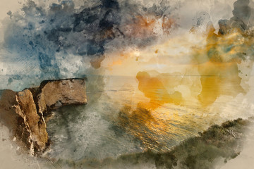 Digital watercolour painting of Beautiful cliff formation landscape during stunning sunrise